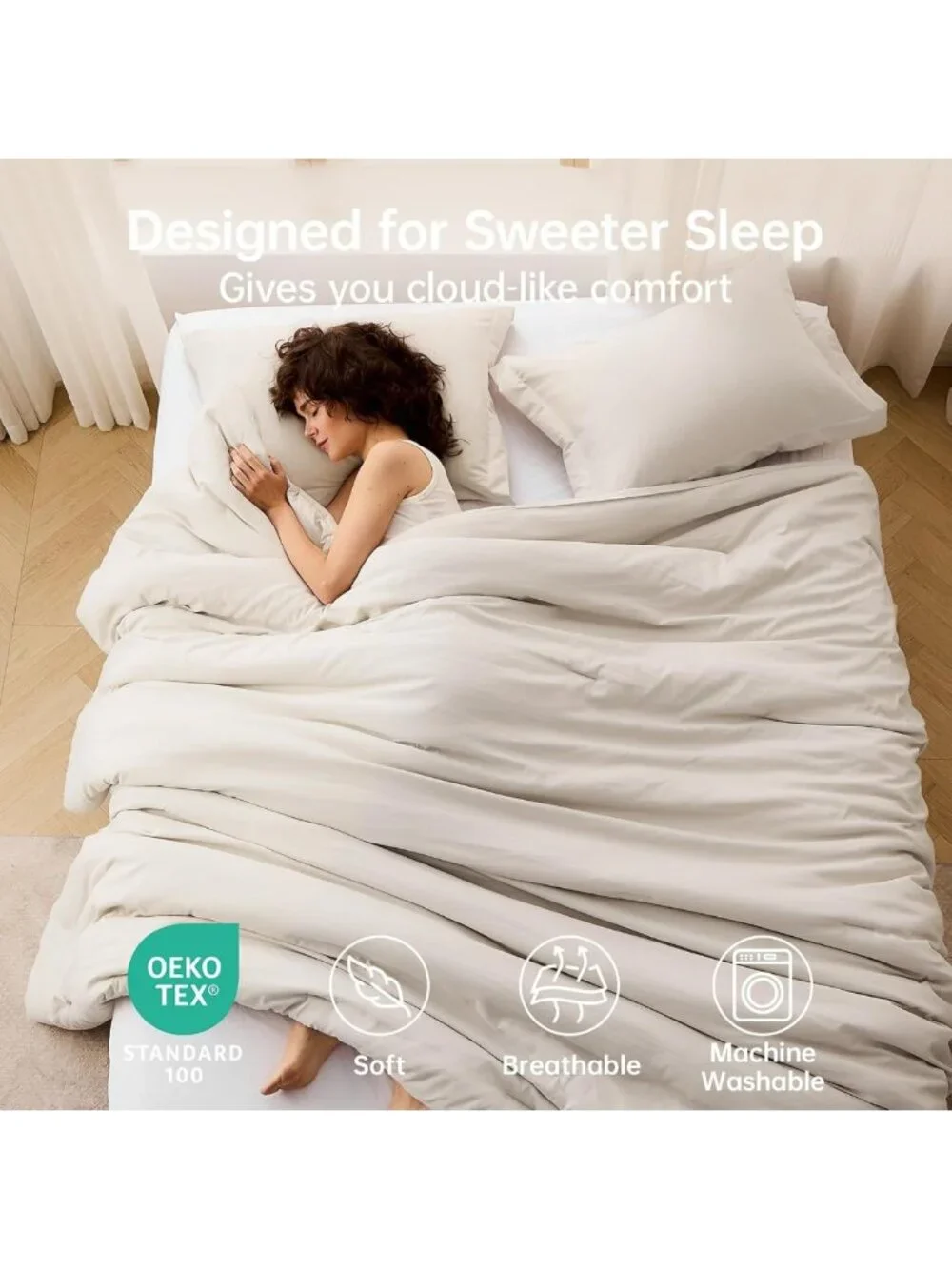 Cozy Beige Queen Comforter Set, 3-Piece Solid Bedding, All-Season Down